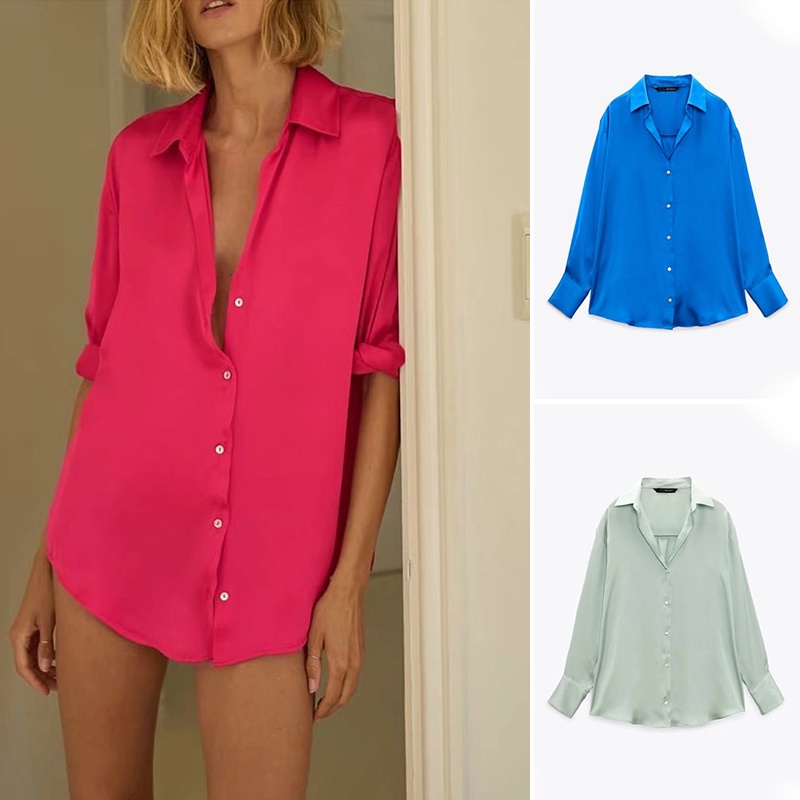 ZA Áo Sơ Mi Lụa satin Tay Dài Thời Trang Cho Nữ