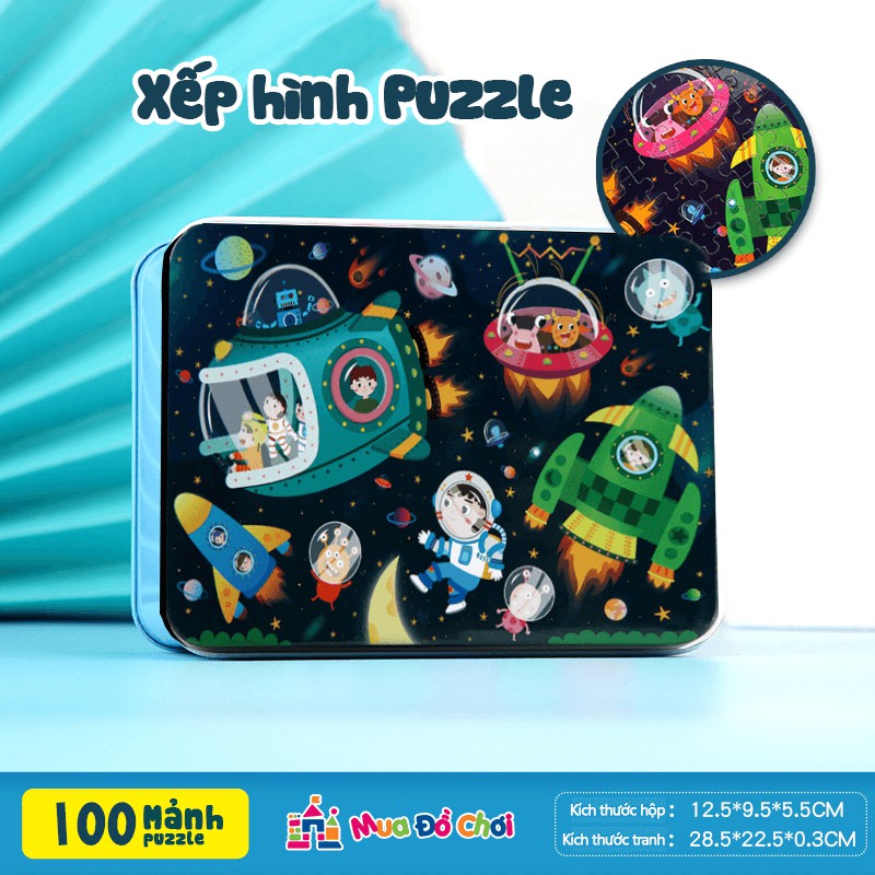 Bộ đồ chơi tranh 100 mảnh ghép Tranh gỗ puzzle Hộp sắt cho bé