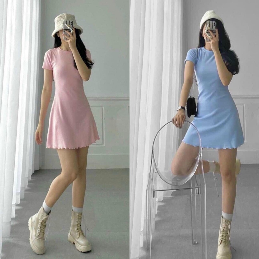 Váy thun tăm tay ngắn co giãn dáng xòe ôm eo kiểu dáng cơ bản, đầm phong cách sexy gợi cảm