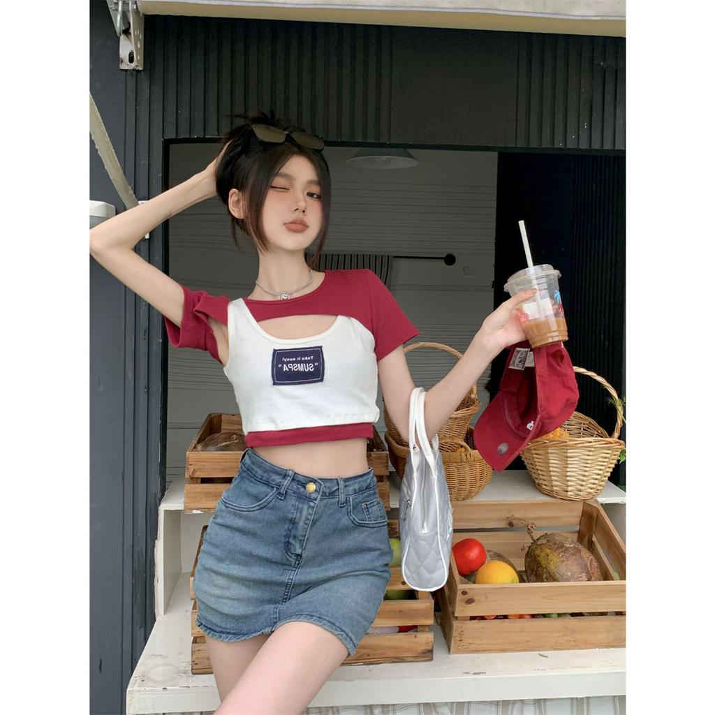 Áo Thun Ngắn Tay In Chữ + Áo Khoác Cộc Tay Màu Đỏ Phong Cách retro Thời Trang Cho Nữ