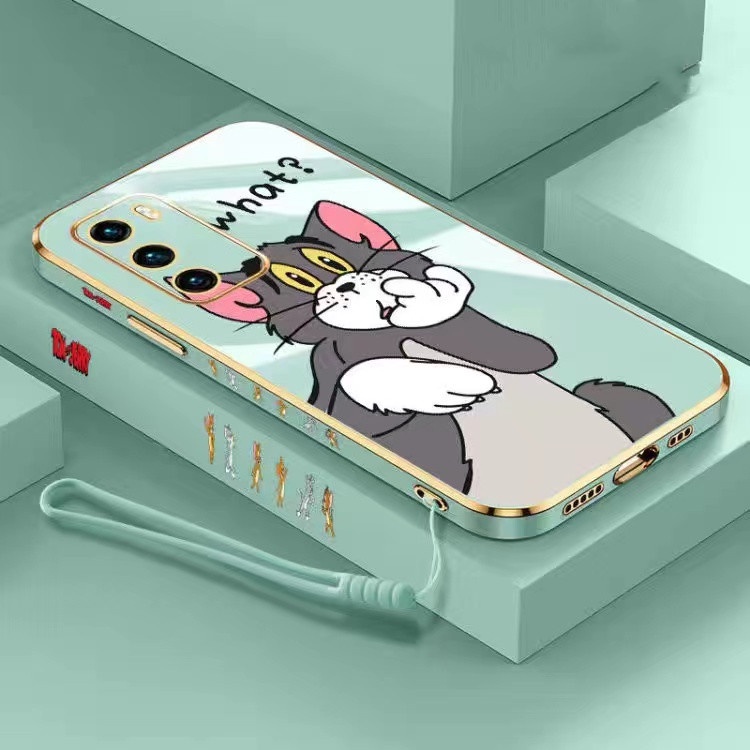 Samsung A50 A30 A20 A30S A50S A12 5G A21S A03S A22 4G A11 M11 M12 A02S A02 A10S M01S M02 M02S Straight Edge 90° Electroplating Cartoon Tom Cat Couple Shockproof Phone Case