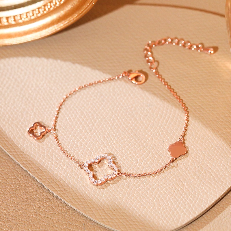 [Jiudolan] Vòng Tay Thép Titan Lên Màu Nhanh Hình Cỏ Bốn Lá Đính Kim Cương Thời Trang Cho Nữ