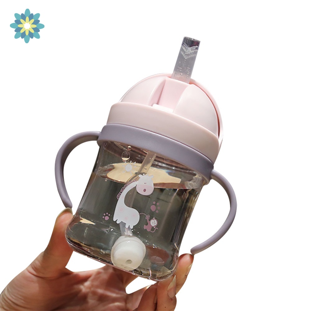 Bình Uống Nước Bằng Nhựa Có Tay Cầm Và Ống Hút Chống Sặc / Rò Rỉ Dung Tích 300ml Họa Tiết Hoạt Hình Cho Bé