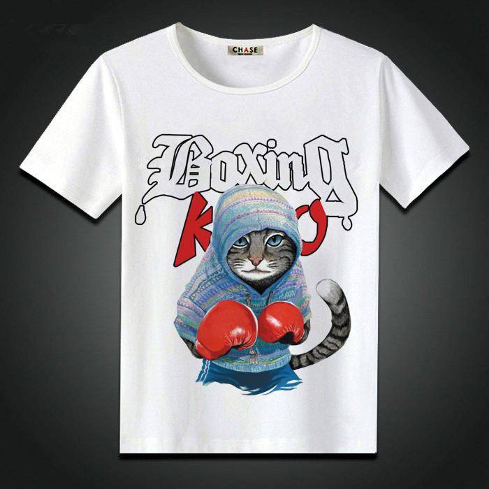 Mùa hè mới phiên bản châu Âu của Anime Boxing Cat Print Street Sáng tạo Áo thun ngắn tay Nam Áo dài Xu hướng kích thước