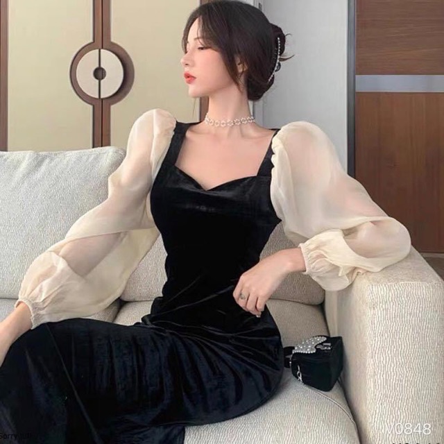 Váy nhung tay voan bồng