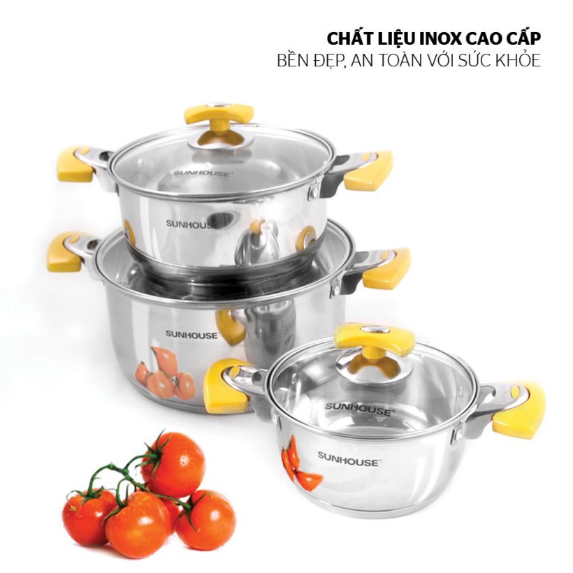 Bộ Nồi Inox 5 Đáy SUNHOUSE SH787, Thiết Kế Sang Trọng, Quai Núm Bọc Nhựa Màu Vàng Nổi Bật, Gồm 3 Nồi, 3 Size