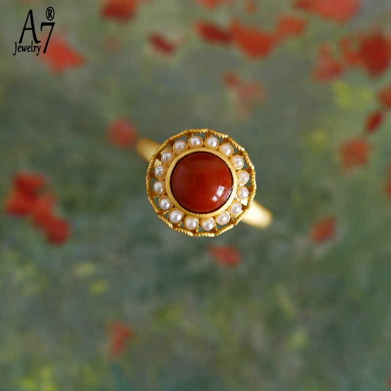 Nhẫn Bạc A7Jade S925 Đính Đá Mã Não Có Thể Xoay Được