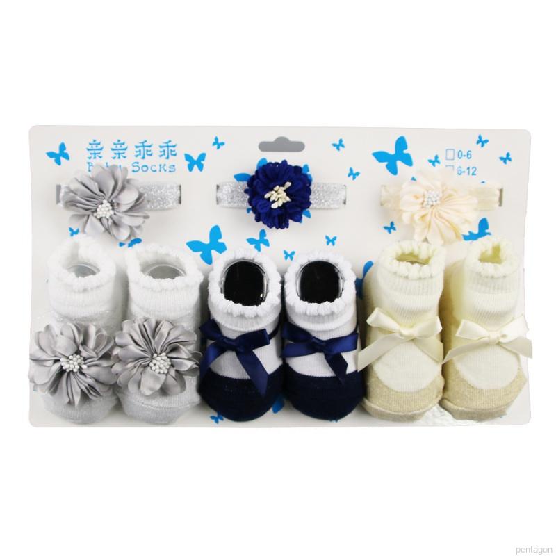 Set 3 món vớ cotton chống trượt đính nơ + băng đô xinh xắn cho bé