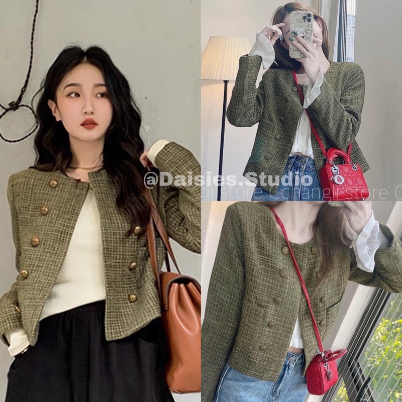 Áo Dạ Tweed Xanh Rêu Cúc Đồng 2 Lớp (hình thật) Áo Dạ Quảng Châu Loại 1