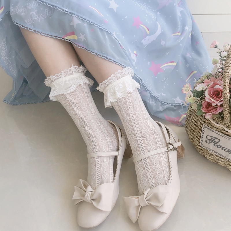 Japanese Lolita Hollow Lace Socks Female White Long Socks Ladies Lace Socks Women Cute Korean Version Floral Socks Black