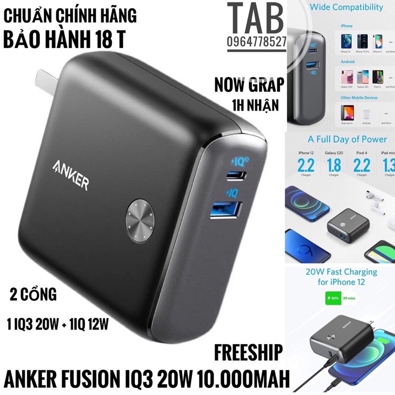 [Mã 44ELSALE2 giảm 7% đơn 300K] Sạc Anker Fusion 10.000mAh PD/IQ3 20w - Chính Hãng (A1623)