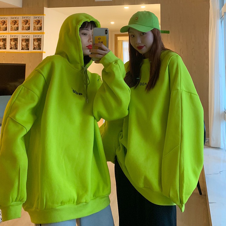 Áo khoác sweater Hoodie lót nhung màu xanh dạ quang cá tính trẻ trung cho học sinh