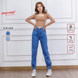 Quần jean nữ CRAZYTEEN dáng jogger ống cài phối nút K0065