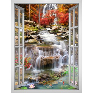 Tranh dán tường cửa sổ khổ dọc HD Cảnh đẹp rừng thu CS-0398D KT 60 x 80 cm
