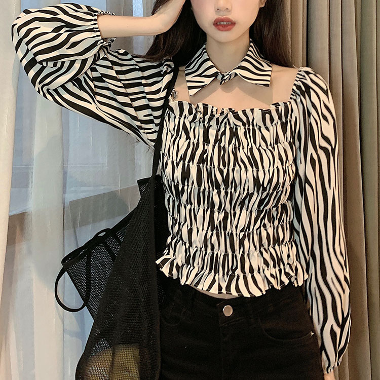 Áo trễ vai tay phồng in họa tiết ngựa vằn gợi cảm dành cho nữ