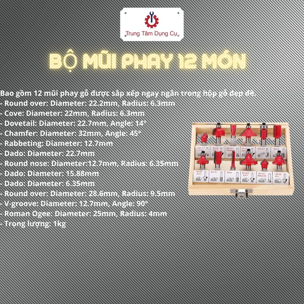 Bộ mũi phay gỗ 12 chi tiết cốt 6mm