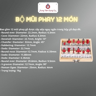 Bộ mũi phay gỗ 12 chi tiết cốt 6mm