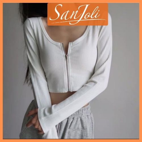 Áo Croptop Ôm Tay Dài SANJOLI Áo Kiểu Croptop Nữ Body Sexy Cổ Tim  Đẹp Bánh Bèo Trắng Đen AO036