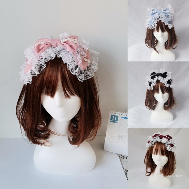 Băng đô phối ren đính nơ hai lớp cỡ lớn thời trang lolita Nhật Bản Vintage xinh xắn cho nữ