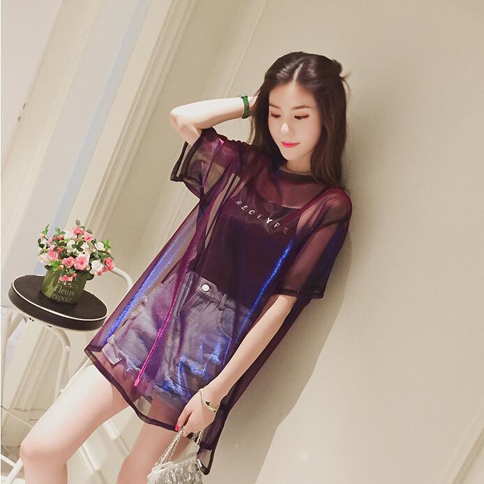 SUXI Set áo 2 dây bên trong và áo tay ngắn bên ngoài thiết kế xuyên thấu màu sắc ánh kim tuyệt đẹp