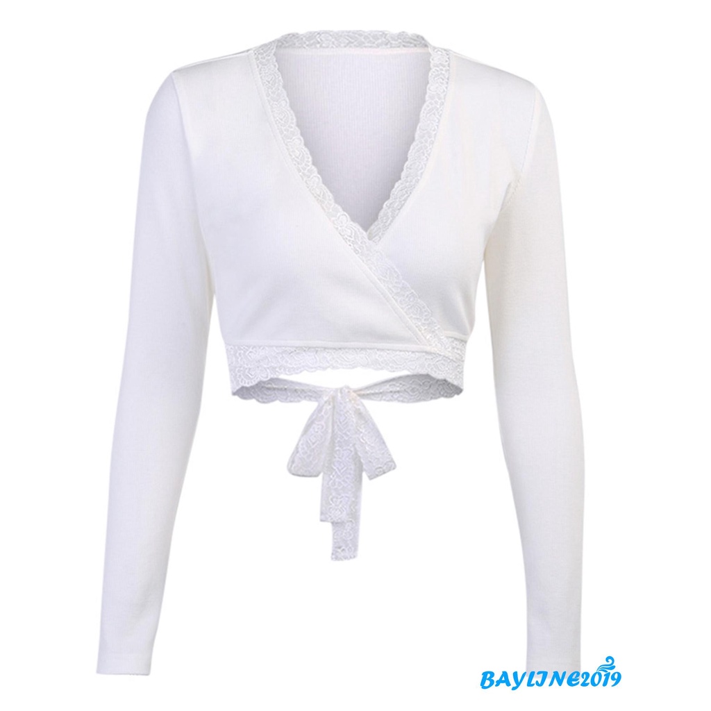 Áo Crop Top Tay Dài Cổ Chữ V Viền Ren Gợi Cảm Dành Cho Nữ