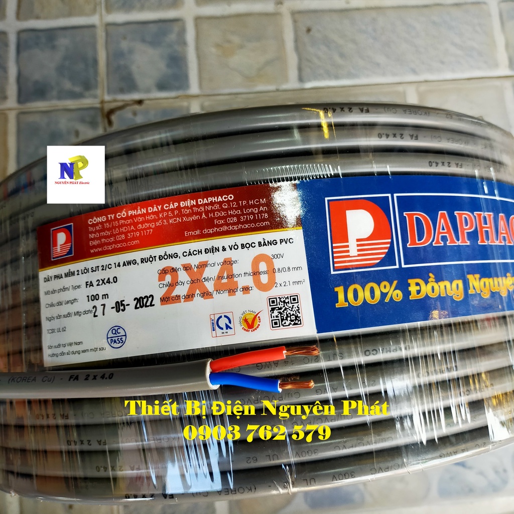 Dây Cáp Điện Pha Mềm 2 Lõi, Ruột Đồng FA 2x4.0 - Cuộn 100m Dây Pha Tròn Xám 2 Lớp Vỏ Bọc PVC