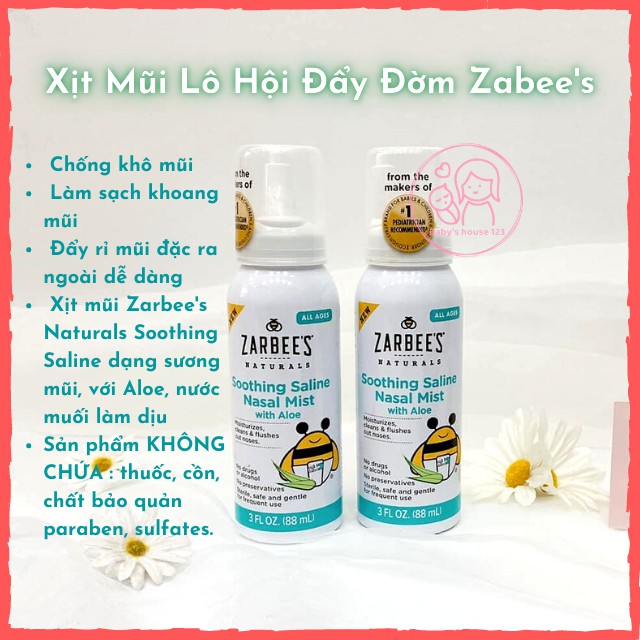 Xịt Mũi Lô Hội Đẩy Đờm Zarbee's Naturals Soothing Saline Cho Bé Từ Sơ Sinh - Chai 88ml