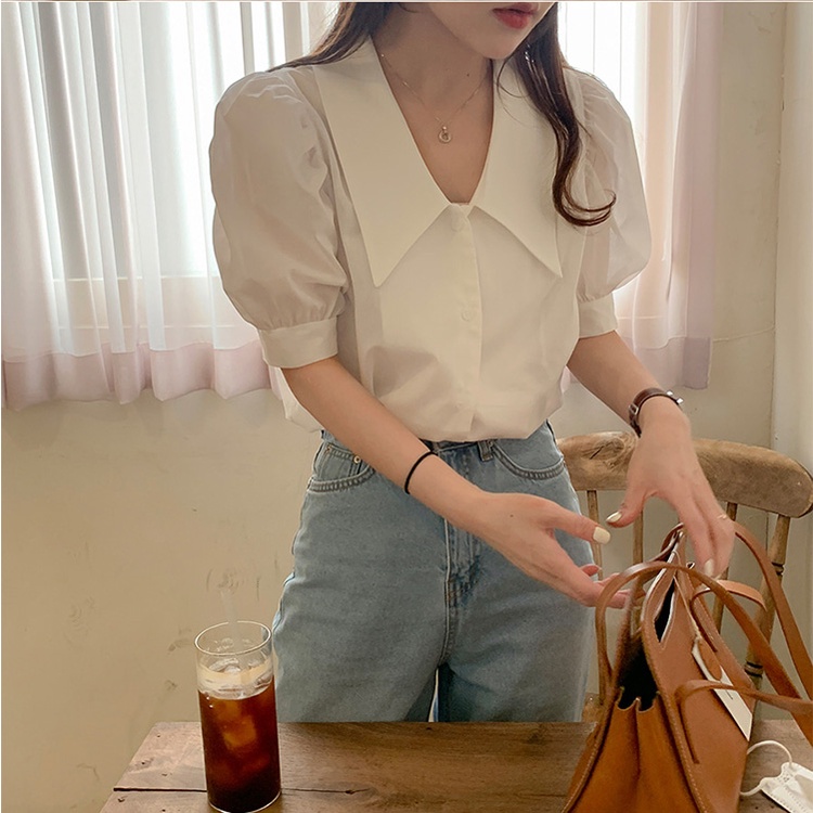 Áo Sơ Mi Tay Ngắn Phồng Cổ Chữ V Dáng Rộng Phong Cách retro Hàn Quốc Thời Trang Mùa Hè 2022 Cho Nữ