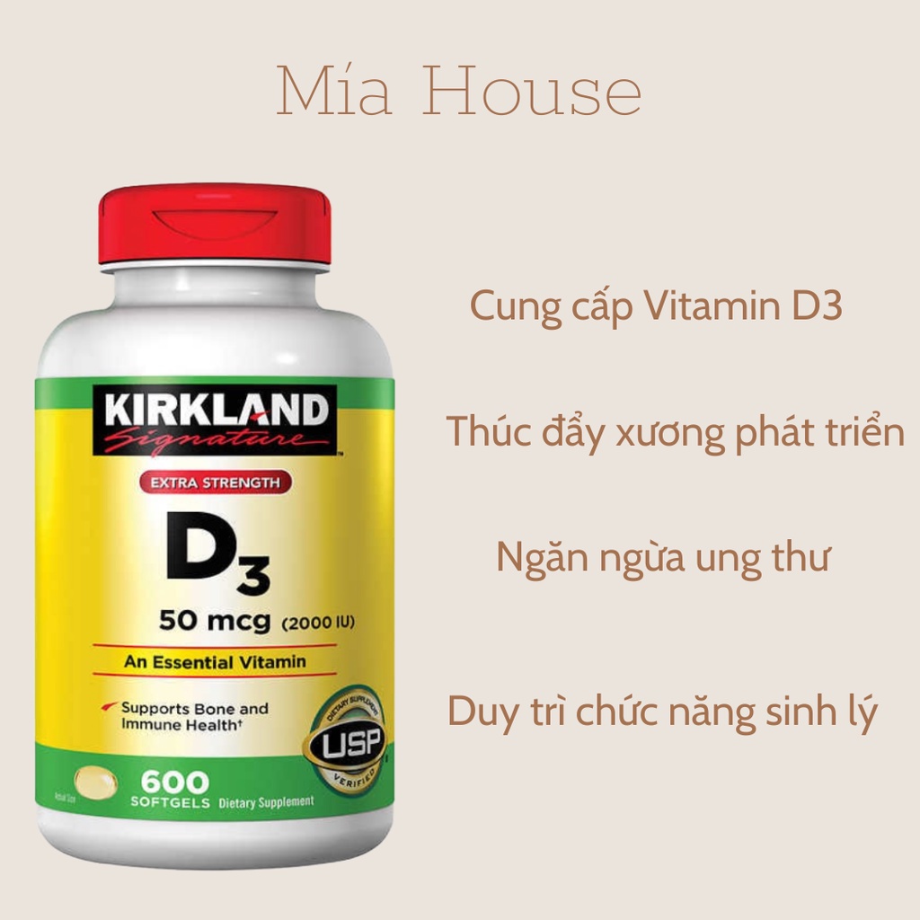 Viên uống bổ sung vitamin D3 Kirkland D3 50mcg (2000IU) 600 viên