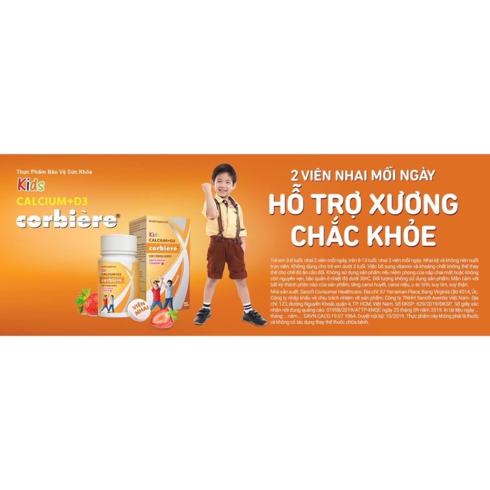 Kids Calcium + D3 Corbiere - Viên nhai bổ sung Canxi và D3 cho bé hương vị dâu (Lọ 30 Viên)