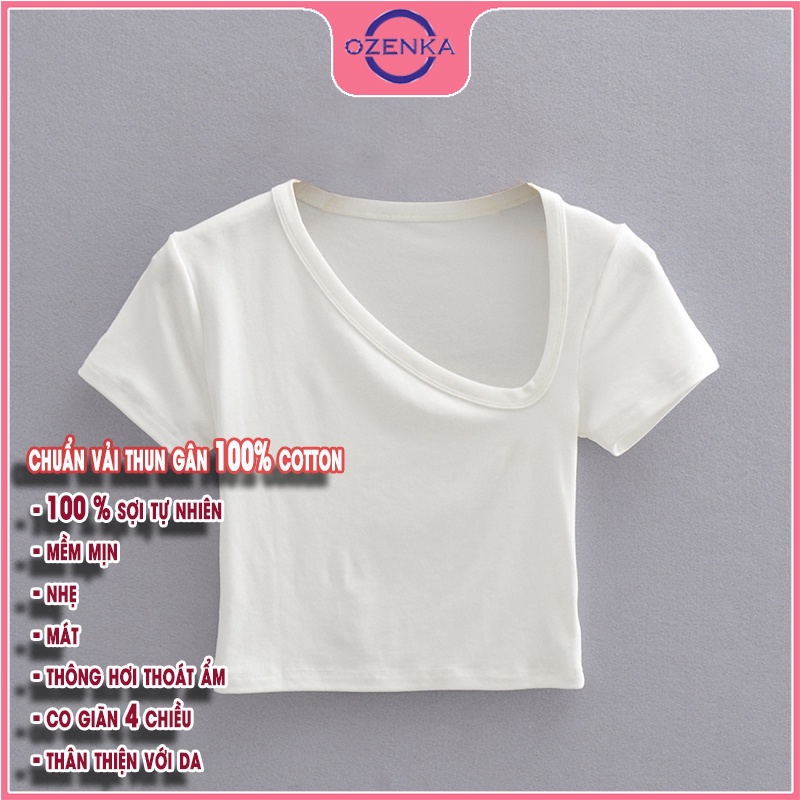 Áo croptop nữ tay ngắn ôm body cổ lệch OZENKA, áo thun đẹp kiểu hàn quốc màu đen trắng dưới 50 kg