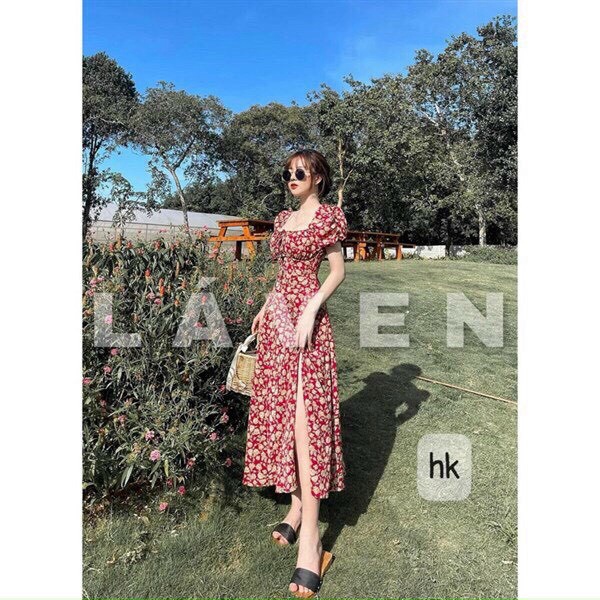 ( MIỄN PHÍ SHIP 2022) Đầm nữ cổ vuông, đầm tay phồng, đầm maxi nữ xẻ tà