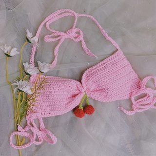 Cherry Bralette Len- Crochet Top - Bikini Len Móc [Xanh lá nhé]