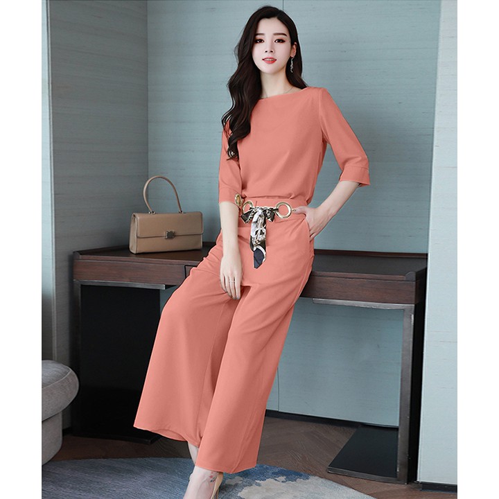 Bộ rời-Sét áo và quần ống rộng kèm khăn voan thắc nơ
