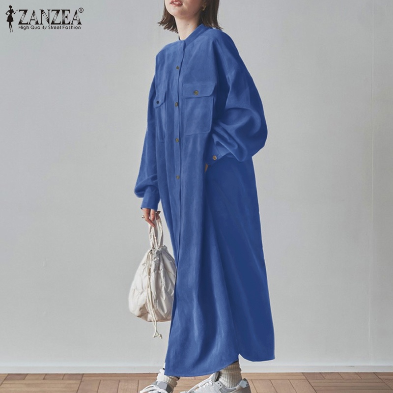 Đầm maxi ZANZEA tay dài cổ bẻ dáng rộng màu trơn cài nút thời trang Hàn Quốc cho nữ