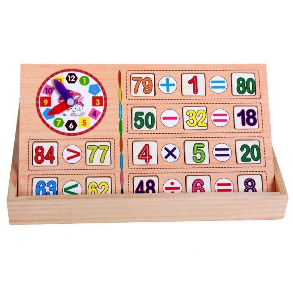 Đồ chơi toán học tích hợp que tính - bảng tính toán - bảng đen, đồng hồ gỗ cho bé họp tập, Bonkids toys