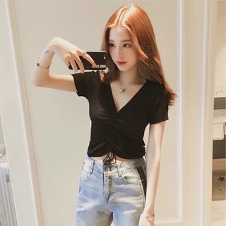 Áo croptop cổ chữ V rút dây trước ngực