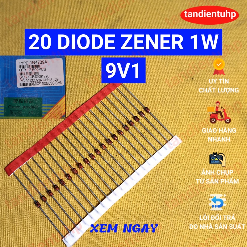 20 diode Zener 1W đi ốt ổn áp kiểu chân DO-41 trị số:1N4735A 6V2,1N4736A 6V8, 1N4737A 7V5, 1N4738A 8V2, 1N4739A 9V1 mới