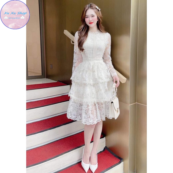 Đầm ren thiết kế dài tay 3 tầng công chúa - XU XU SHOP - Váy dự tiệc sang trọng cao cấp có sẵn, che khuyết điểm cực tốt