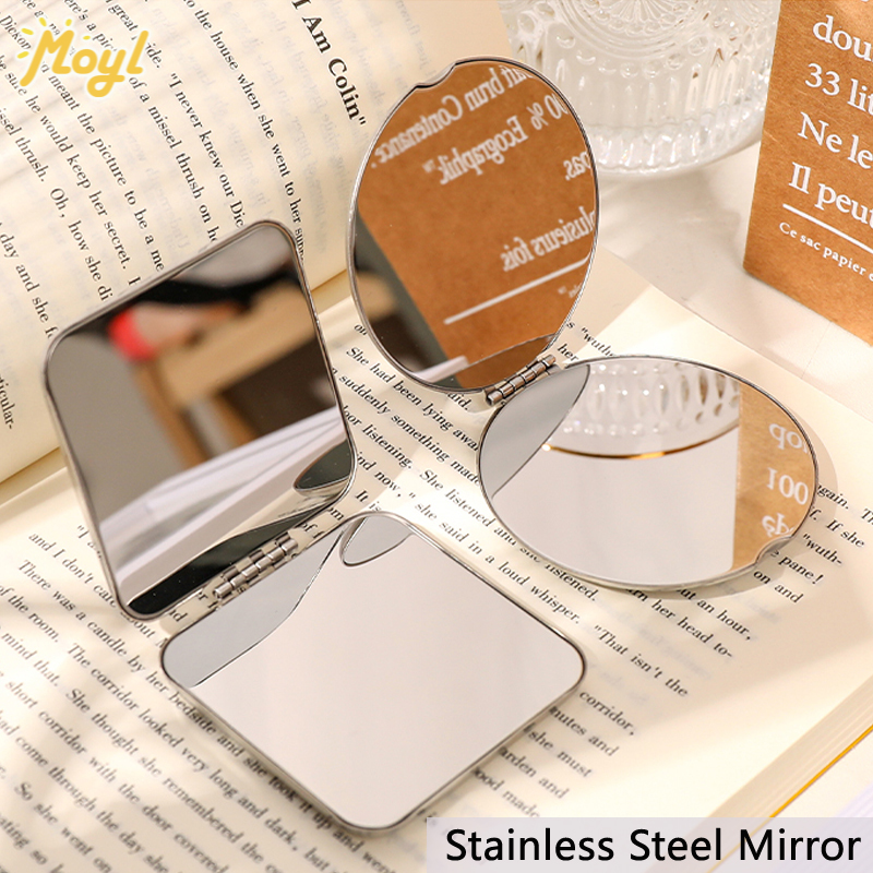 Gương trang điểm hình vuông tròn bằng thép không gỉ thiết kế đơn giản tiện lợi