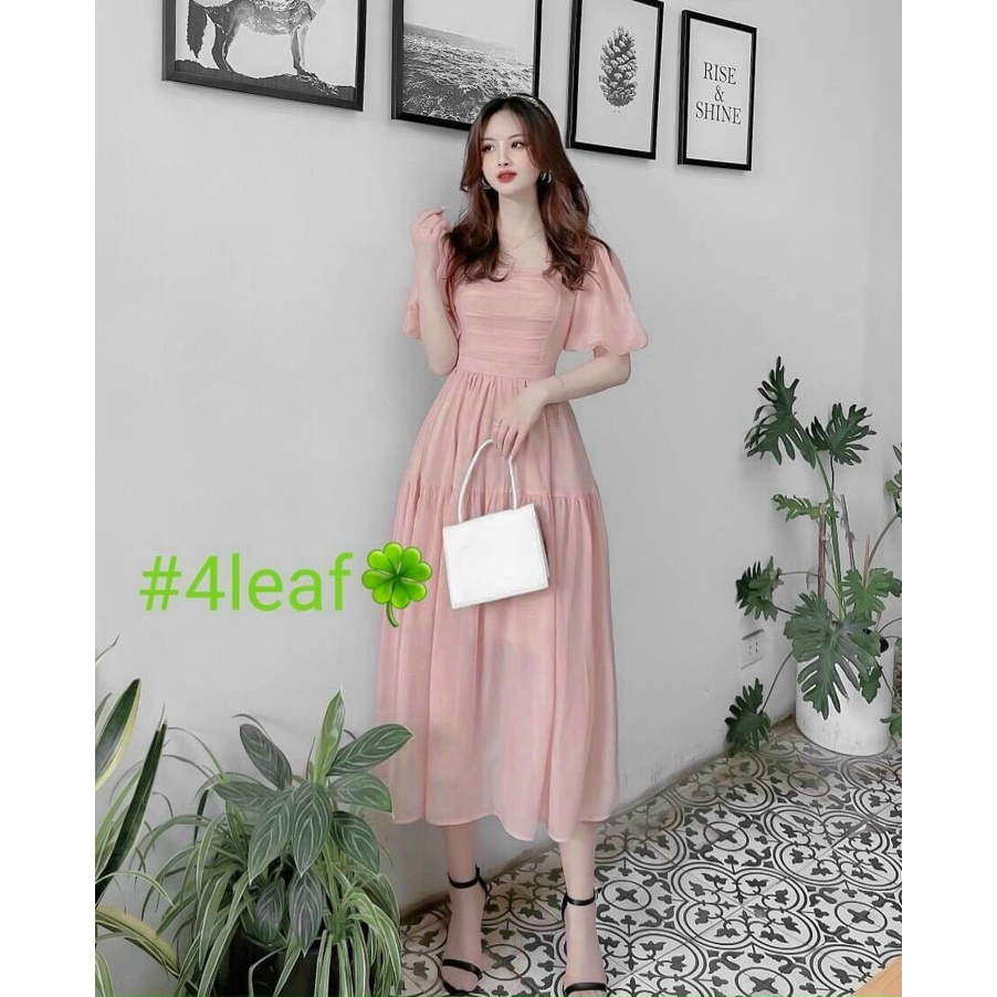 [8.8 Sales Freeship] Đầm công chúa màu hồng, đầm cổ vuông tay phồng nhún xếp ly ngực dáng dài bánh bèo, sang chảnh