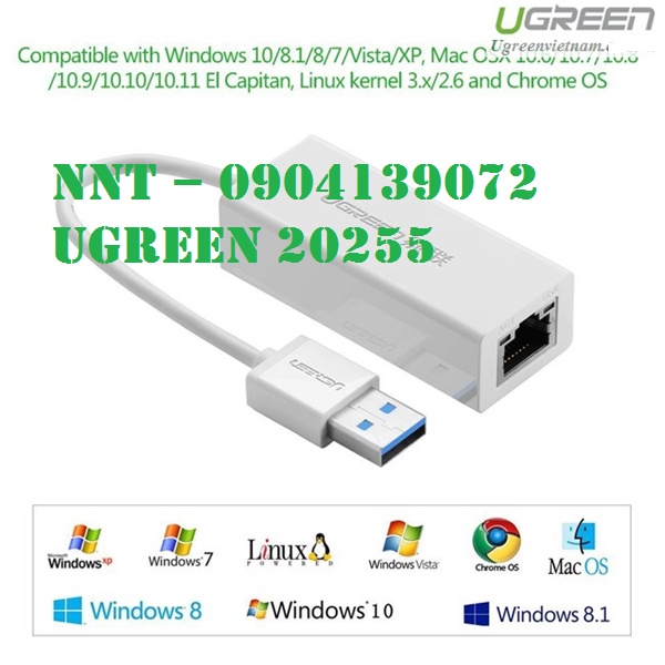 Cáp chuyển USB 3.0 to Lan hỗ trợ 10/100/1000 Mbps chính hãng Ugreen 20255