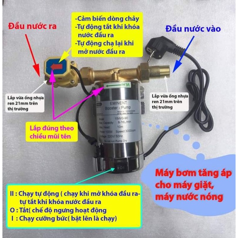 Bơm 100w inox tăng áp máy giặt, bình nóng lạnh, vòi sen Eminent sản xuất Thái Lan 100% dây đồng.
