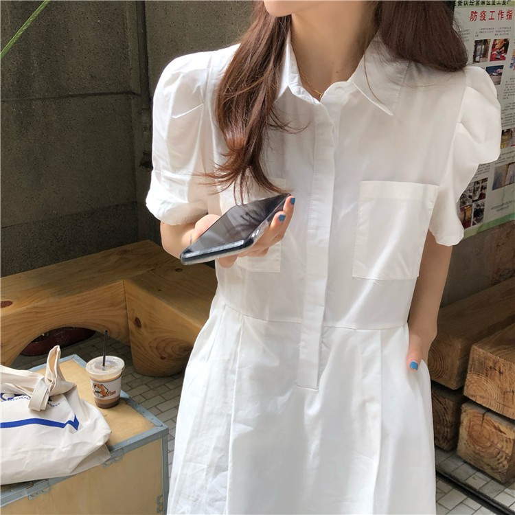 Đầm Midi Trắng Dáng dài Form chữ A Ngắn tay Form rộng Cổ sơ mi Ulzzang Hàn Quốc Váy Midi dài Tay bồng Thời trang