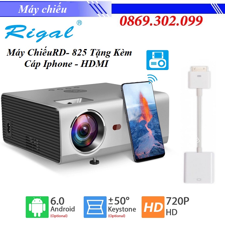 Máy Chiếu Mini Hỗ Trợ Tiếng Việt RD- 825 Tặng Kèm Cáp chuyển đổi tín hiệu Ipad, Iphone - HDMI