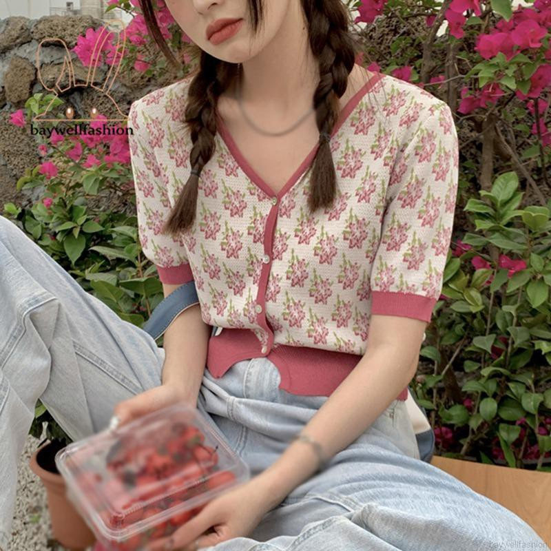 Áo Cardigan Ngắn Tay Cổ Chữ V Họa Tiết Hoa Thời Trang Dành Cho Nữ