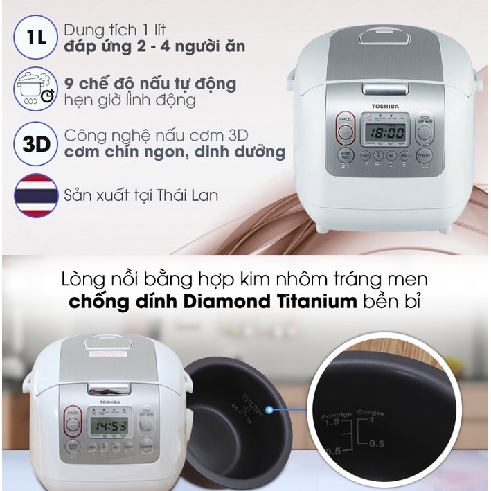 Nồi cơm điện tử Toshiba 1 lít - 1.8 lít hợp kim nhôm chống dính 800W giữ ấm đến 24 giờ - HAPOS