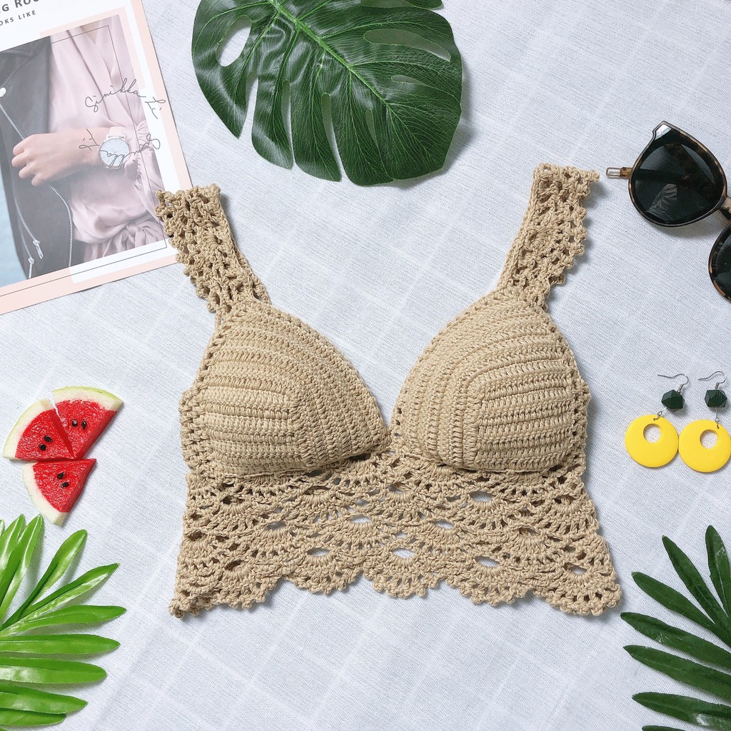 Áo bơi len móc bikini màu nude đi chơi chụp ảnh đẹp