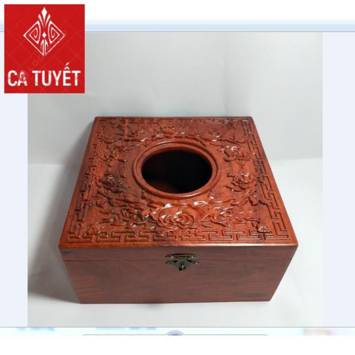 HỘP ĐỰNG GIẤY ĂN GỖ HƯƠNG VUÔNG 20x20 CHẠM HOA HỒNG - ẢNH THẬT