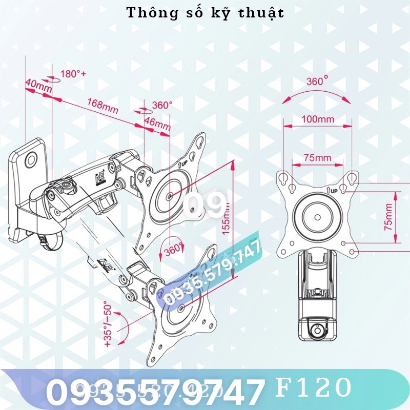 F120 / Giá Treo Màn hình gắn tường/ Tay treo/Arm màn hình/ Lò xo thuỷ lực
